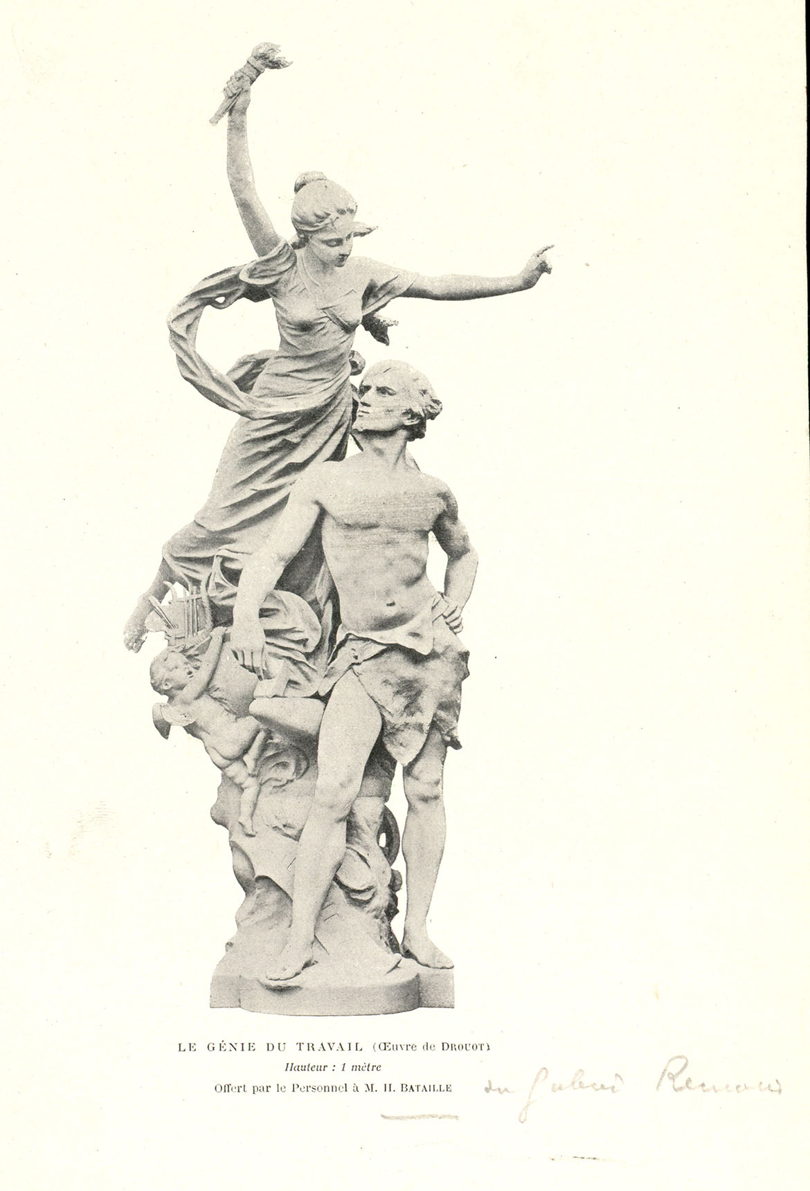 Le Génie du Travail sculpté par Drouot, offert à Honoré Bataille par le personnel des Galeries Rémoises à l'occasion de sa retraite commerciale. Reims, Bibliothèque municipale, LXIII Aa 007. 