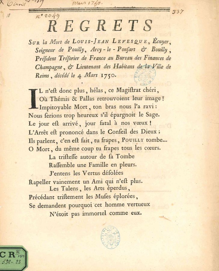 <i>Ode sur la mort de Monsieur Levesque de Pouilly</i>. CR III 532 22 MM