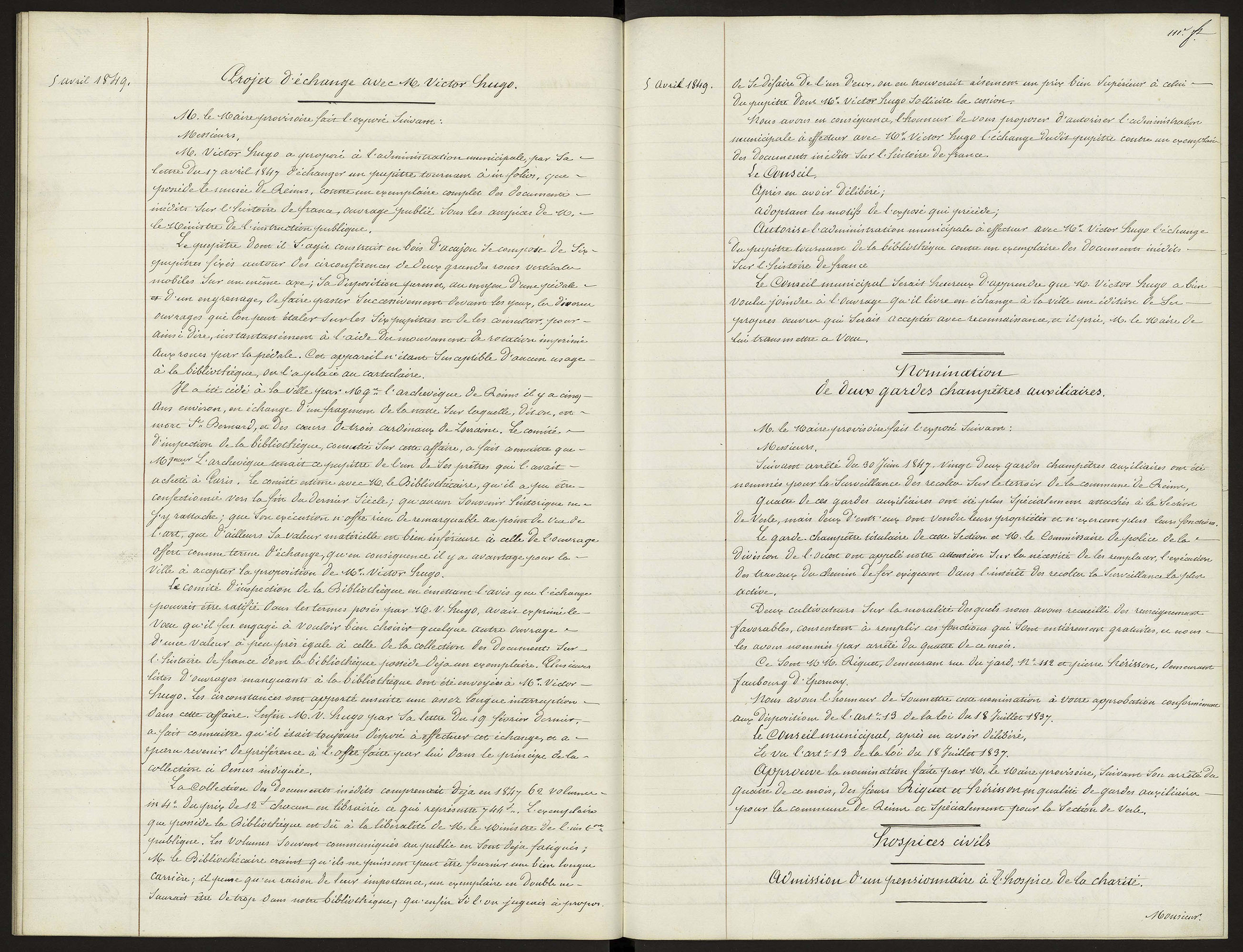 Projet d'échange avec Monsieur Victor Hugo. (05/04/1849) - Archives municipales de Reims, FM1D20