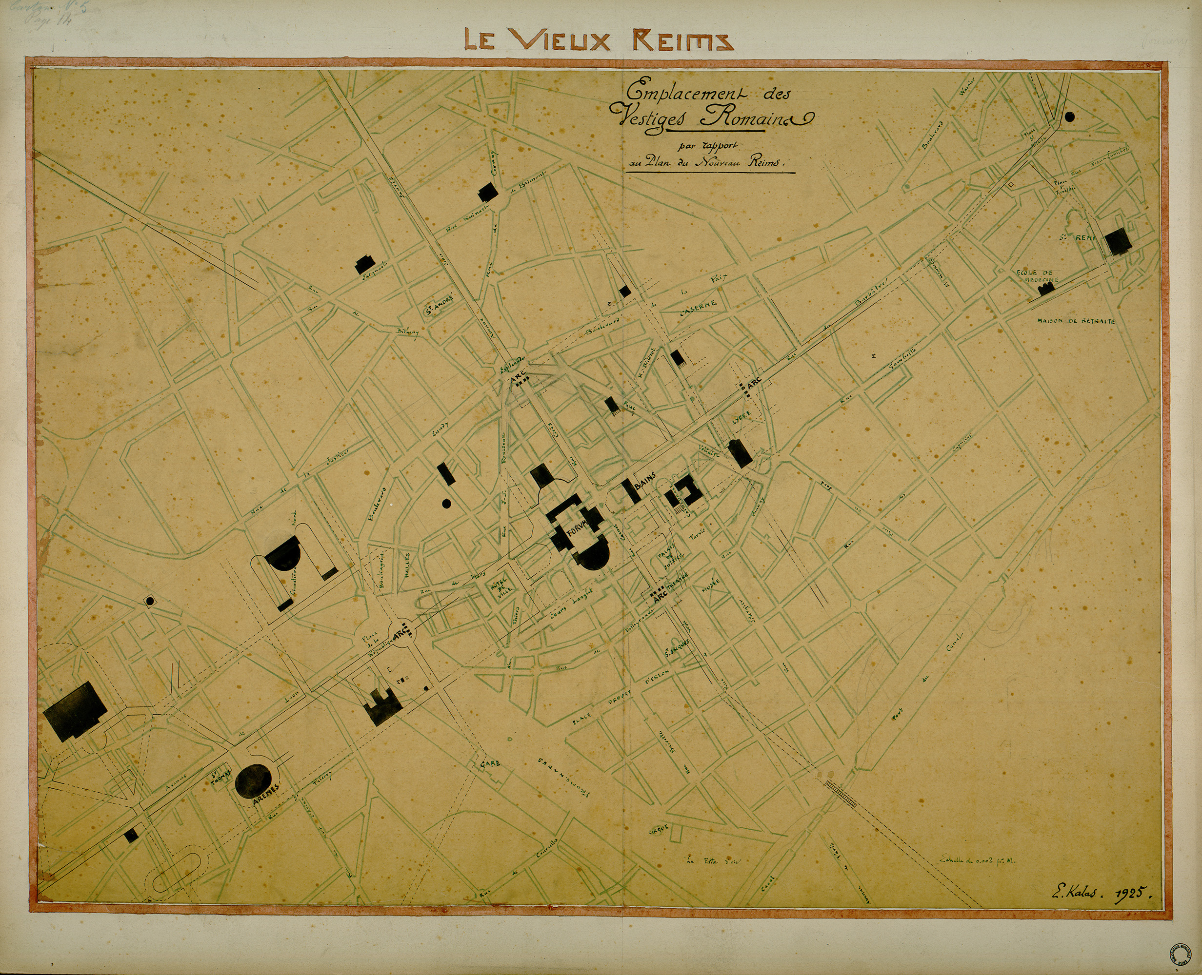 <i>VIeux Reims : Emplacement des Vestiges Romains par rapport au Plan du Nouveau Reims</i>, 1925. Fonds Ernest Kalas, Carton 5 planche 14