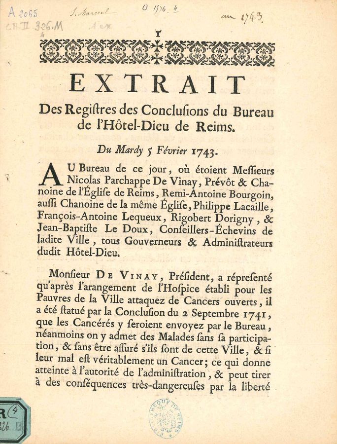 Extrait des registres des conclusions du Bureau de l'Hôtel-Dieu de Reims. Du mardy 5 février 1743. CR II 326 4 M