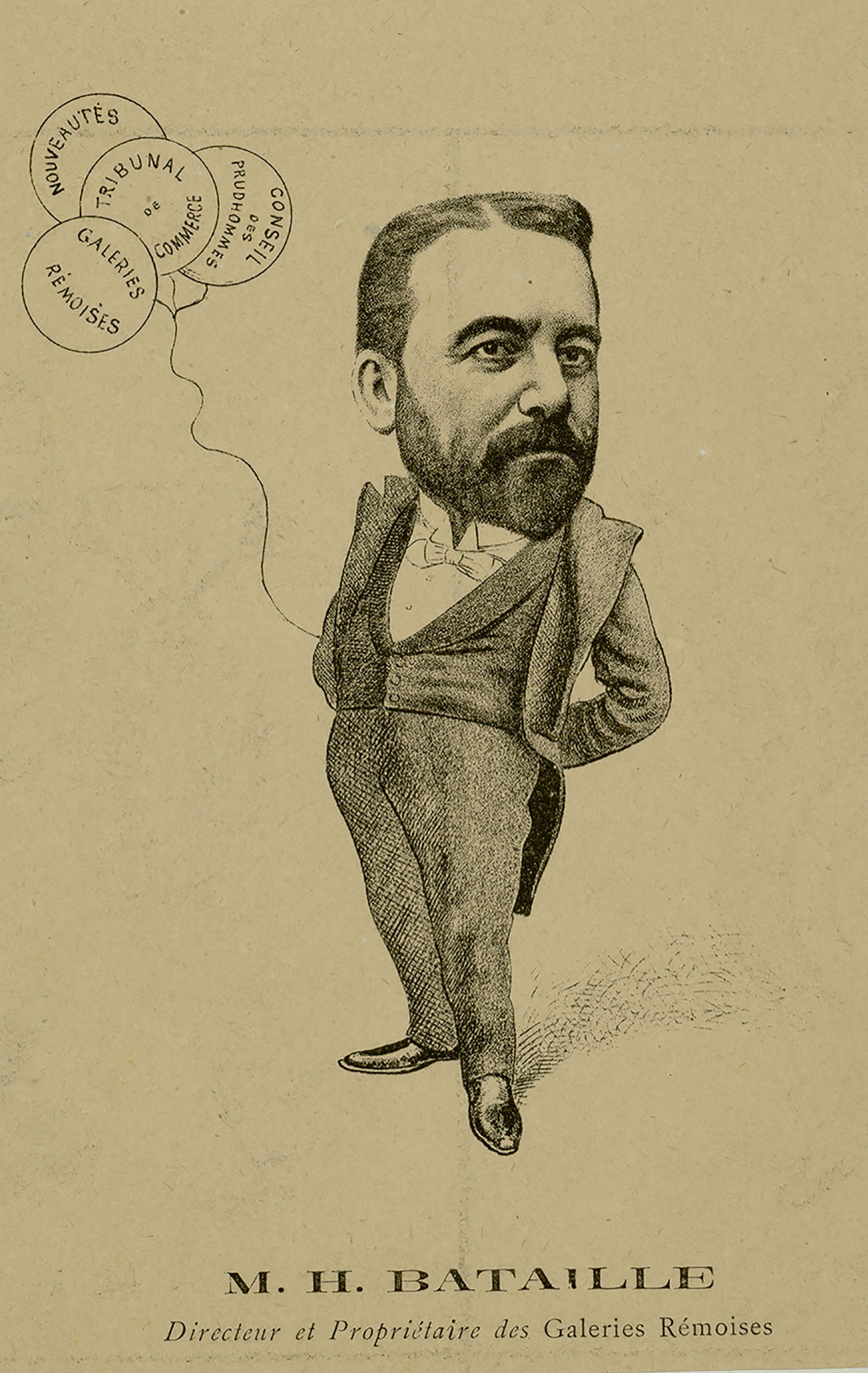 Honoré Bataille, directeur et propriétaire des Galeries Rémoises. Portrait-charge dessiné par Tristan de Pyègne, paru dans La Vie Champenoise Illustrée du 20 octobre 1894. Reims, Bibliothèque municipale, Portrait Champenois Bataille Honoré 004