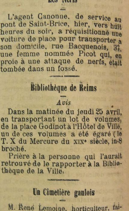 Livre égaré en 1901. Le Courrier de la Champagne, 26 avril 1901 BM Reims, PER CH ATL 2