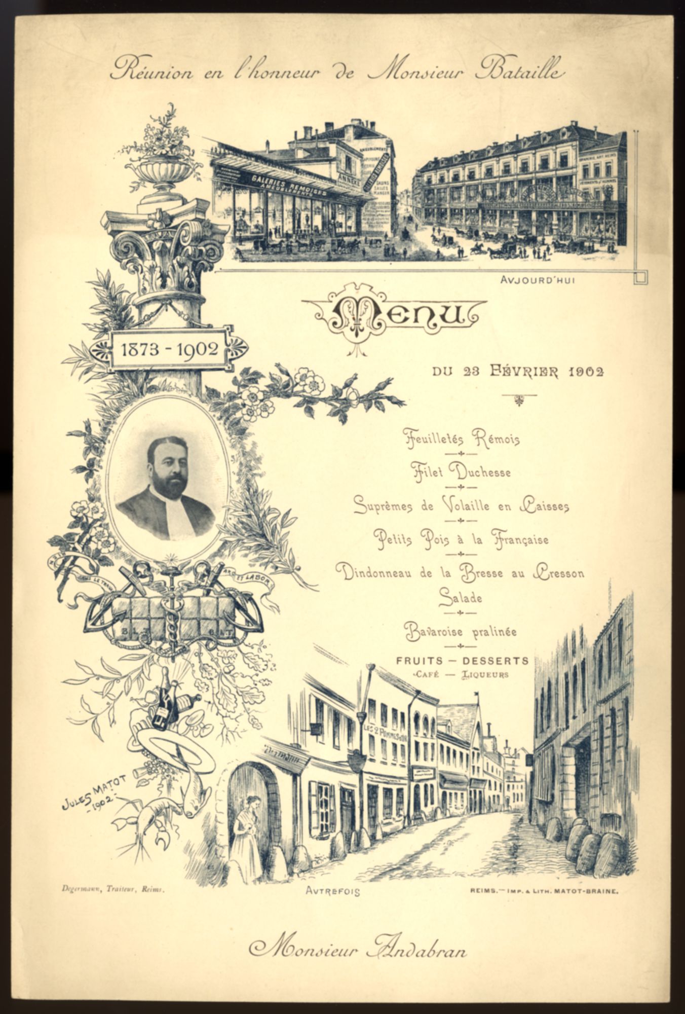 Menu du 23 février 1902 au salon Degermann à l'occasion de la retraite commerciale d'Honoré Bataille. Reims, Bibliothèque municipale, Menus A 35.