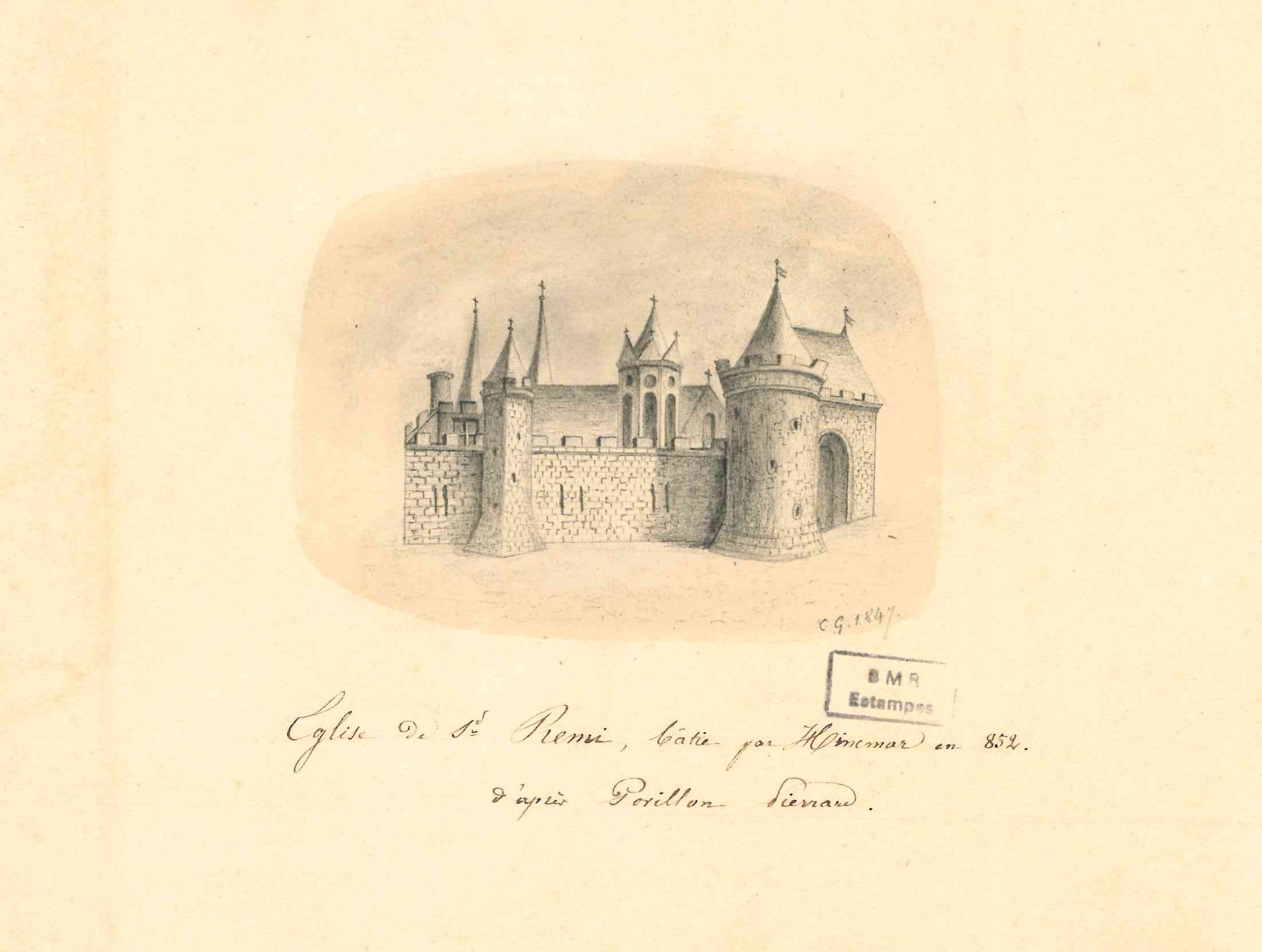 Eglise de Saint-Remi, bâtie par Hincmar en 855, d'après Povillon-Pierrard. 1847. BM Reims, XVII-III-b-2