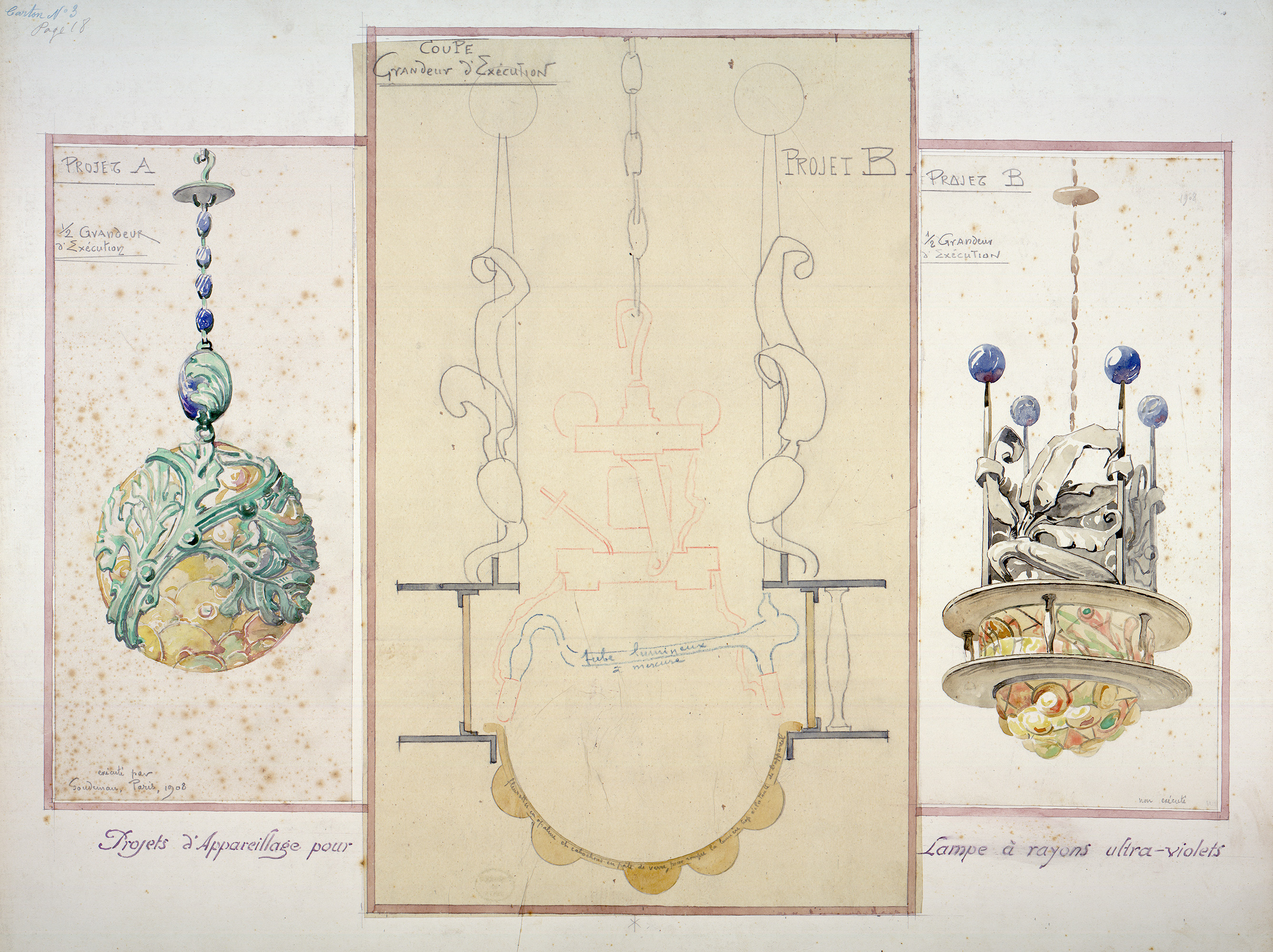 <i>Projets d'Appareillage pour Lampe à rayons ultra-violets</i>, 1908. Dans les années 1900, les récentes lampes à UVUV deviennent populaires dans le milieu médical. Fonds Ernest Kalas, Carton 3, planche 18
