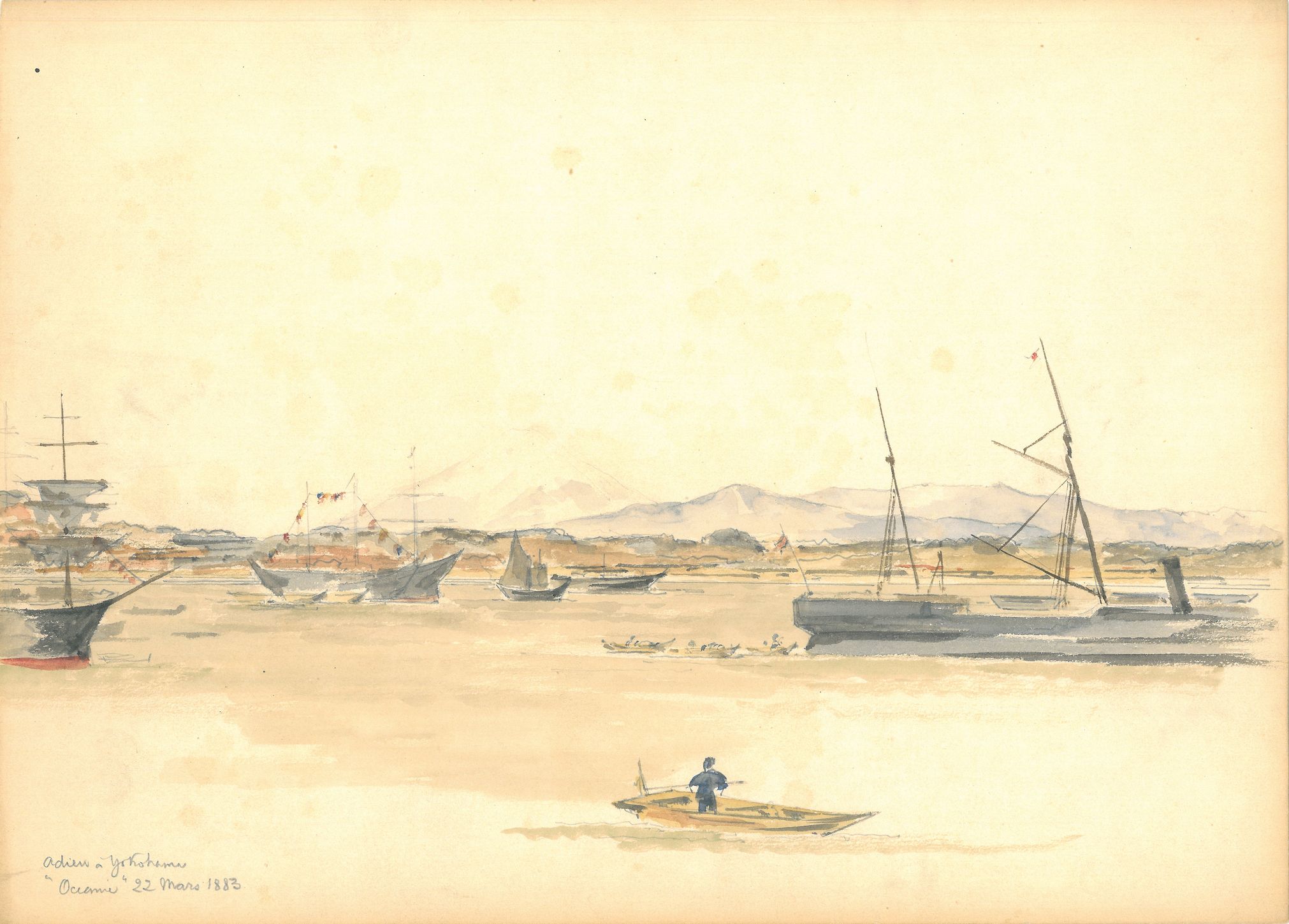 Hugues KRAFFT, Adieu à Yokohama, 22 mars 1883, aquarelle et crayon graphite, collection SAVR / musée Le Vergeur, 2009.0.340.