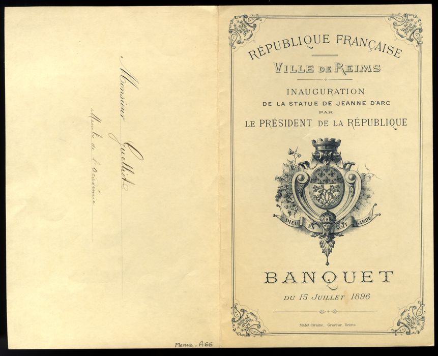 Banquet organisé lors de l'inauguration de la Statue de Jeanne d'Arc le 15 juillet 1896 par le Président de la République / Ville de Reims. Menu adressé à "Monsieur Guelliot Membre de l'Académie". Menus-A-66_recto