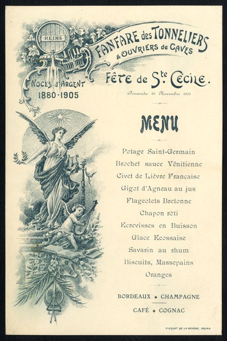 Banquet organisé lors de la fête de la sainte Cécile, le Dimanche 26 novembre 1905 : Noces d'argent 1880-1905 / Fanfare des tonneliers et ouvriers de caves de Reims. Menus-A-230
