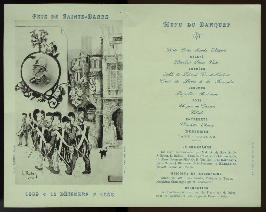 Banquet organisé lors de la fête de la sainte Barbe, le 11 décembre 1898. Menus-A-28