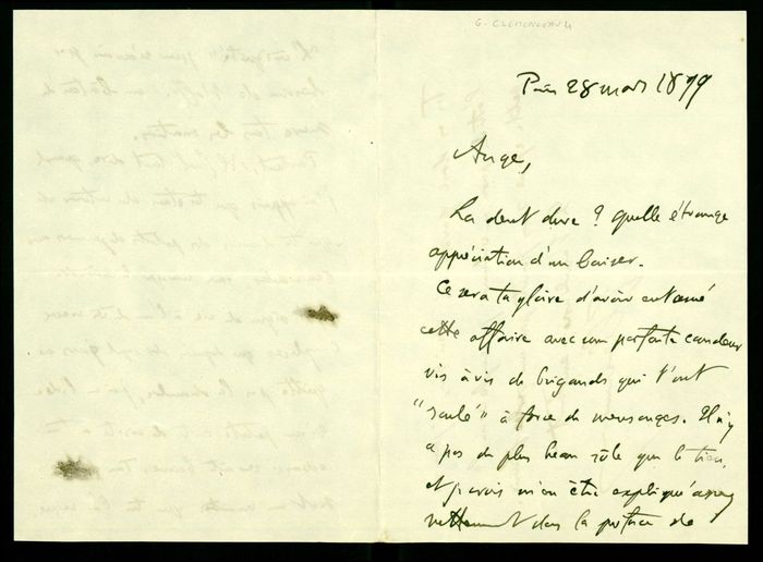 CLEMENCEAU, Georges. [Lettre à Marcellin Pellet]. 28 mars 1899 (BM Reims, Fonds Pol Neveux, Affaire Dreyfus)