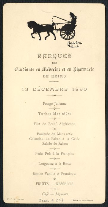 Banquet organisé par les étudiants en médecine et pharmacie de Reims le 13 décembre 1890. Menus-A-213