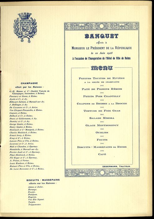 Banquet organisé à l'occasion de l'inauguration de l'Hôtel de Ville de Reims, le 10 juin 1928. Banquet offert à Monsieur Gaston Doumergue Président de la République. Menus-A-079_2