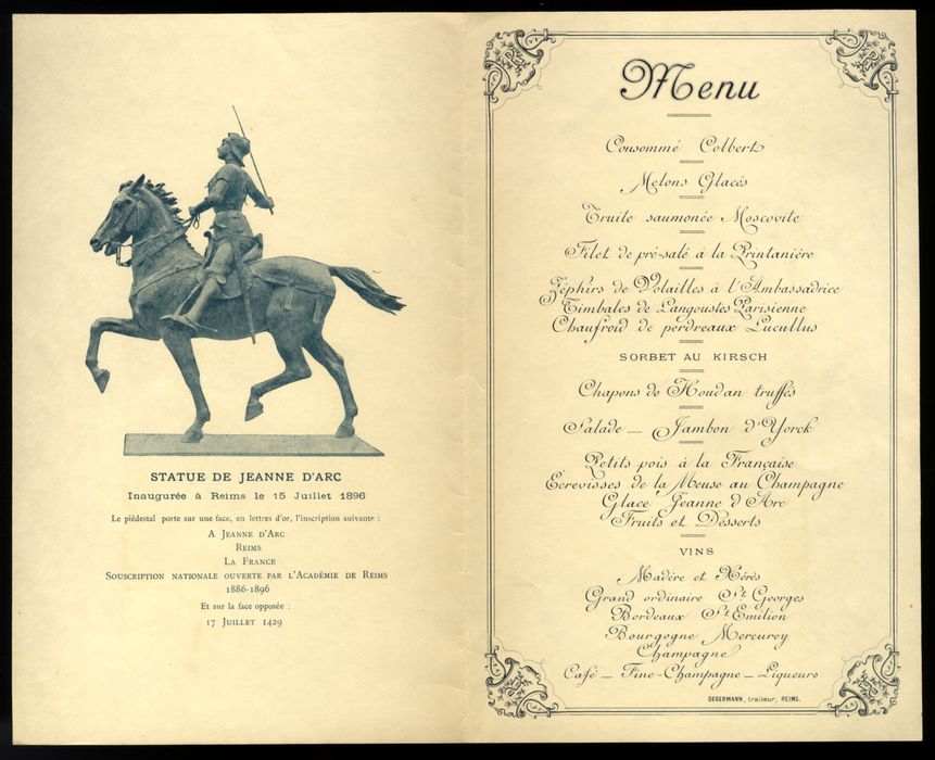 Banquet organisé lors de l'inauguration de la Statue de Jeanne d'Arc le 15 juillet 1896 par le Président de la République / Ville de Reims. Menu adressé à "Monsieur Guelliot Membre de l'Académie". Menus-A-66_verso