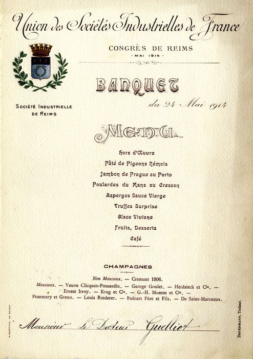 Banquet du Congrés de Reims du 24 mai 1914 / Union des Sociétés Industrielles de France. Menus-A-38-1